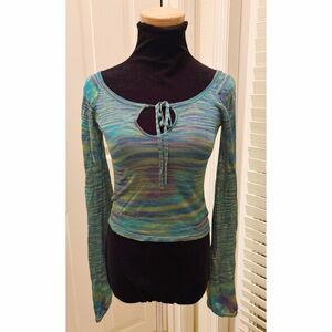 Bebe Y2K Vintage Shimmery Tie-Front Cold Shoulder Long-Sleeve Top